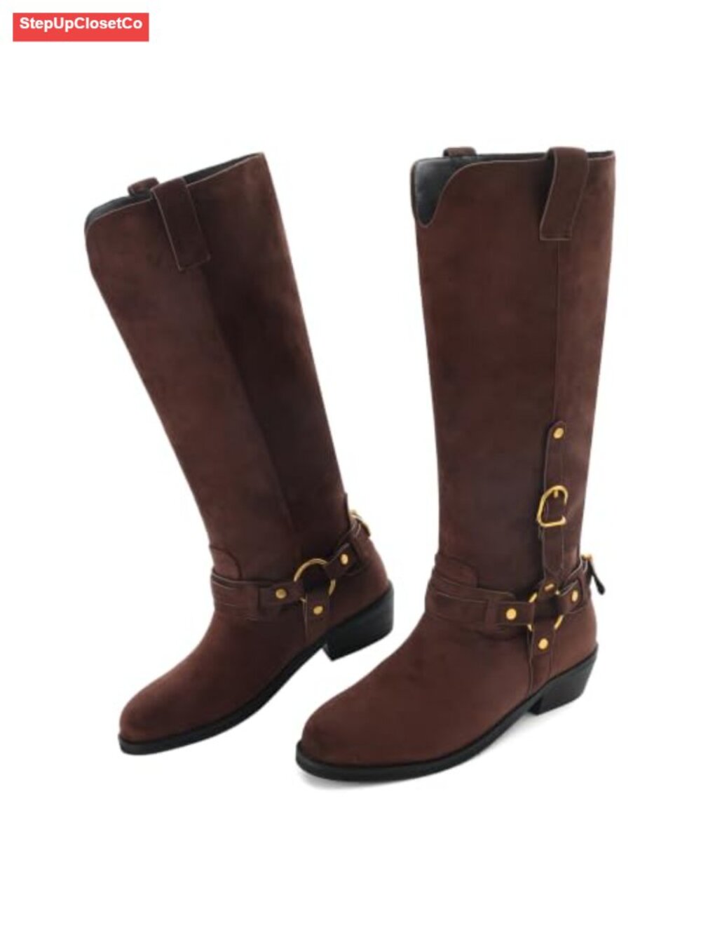 Women's Knee High Riding Boots Round Toe Pull On Low Block Heel Faux Suede